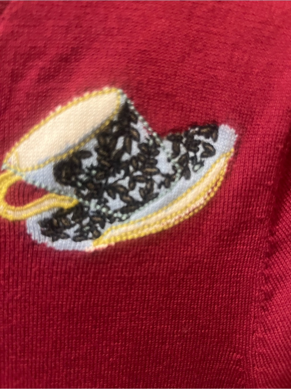 Talbots Women’s Medium Burgundy Tea Cup Embroidered Novelty Sweater Long Sleeve - Picture 5 of 11